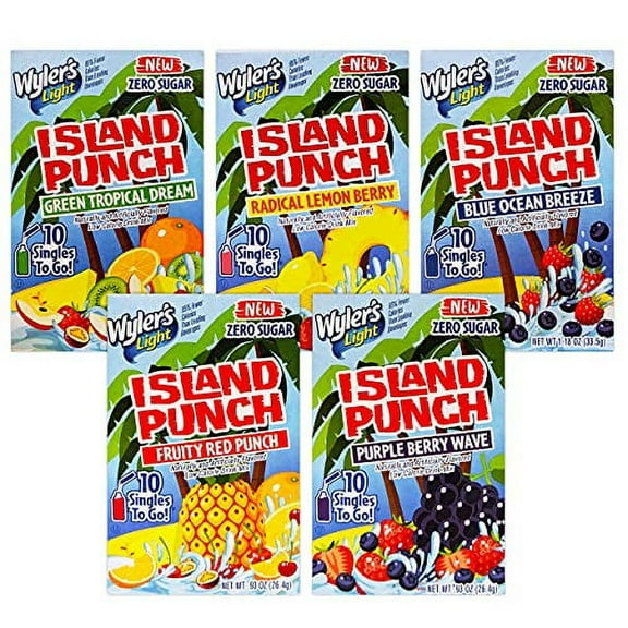 Wyler's Island Punch Drink Mix Variety 5 Pack ~ 50 Wyler's Variety Packets Island Punch | Wyler's Light Singles To Go (Radical Lemon Berry, Fruity Red Punch, Purple Berry Wave And More)