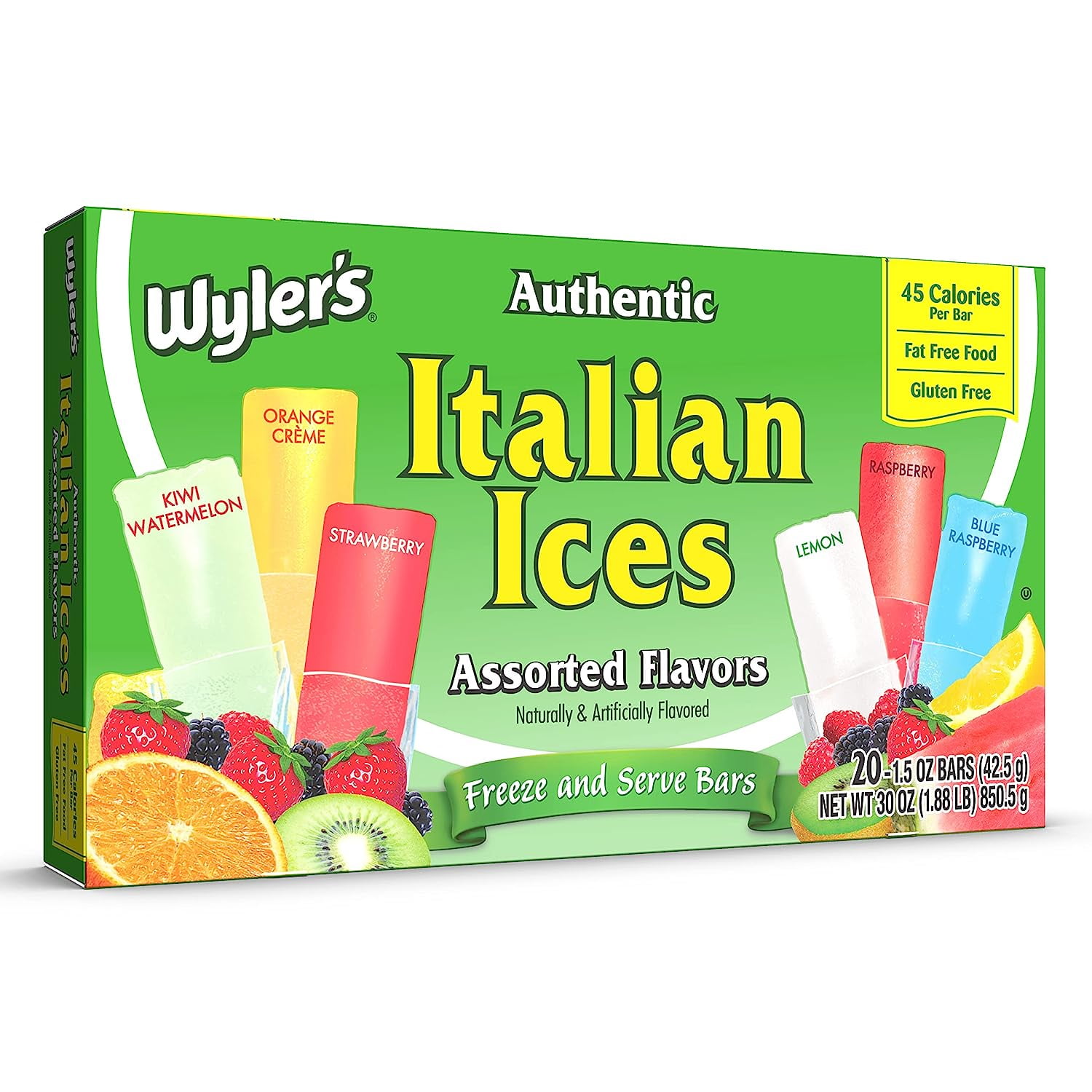 Wyler's Authentic Italian Ices Freeze and Serve Bars Variety Pack, 1.5 oz Bars, 20 Count