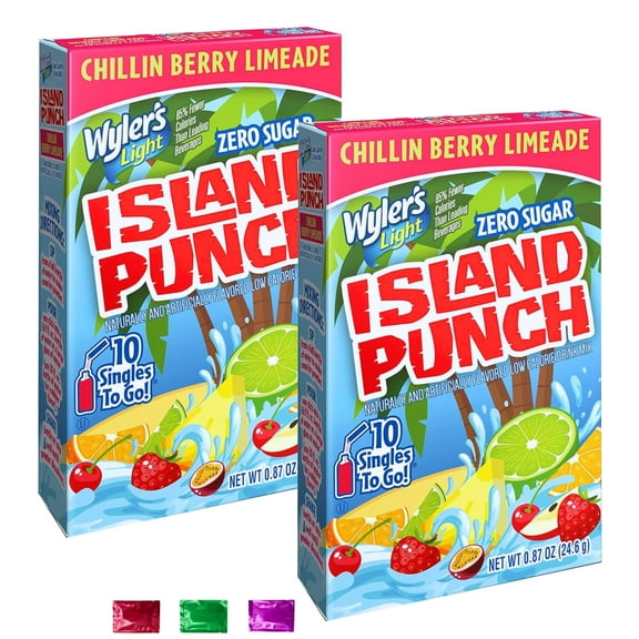 Wyler's Light Island Punch Chillin Berry Limeade Drink Mix, 20 Total Serrvings 2 Boxes, Zero Sugar Low Calorie Hydration Beverage Sticks with Snoep in Beperkte Oplage