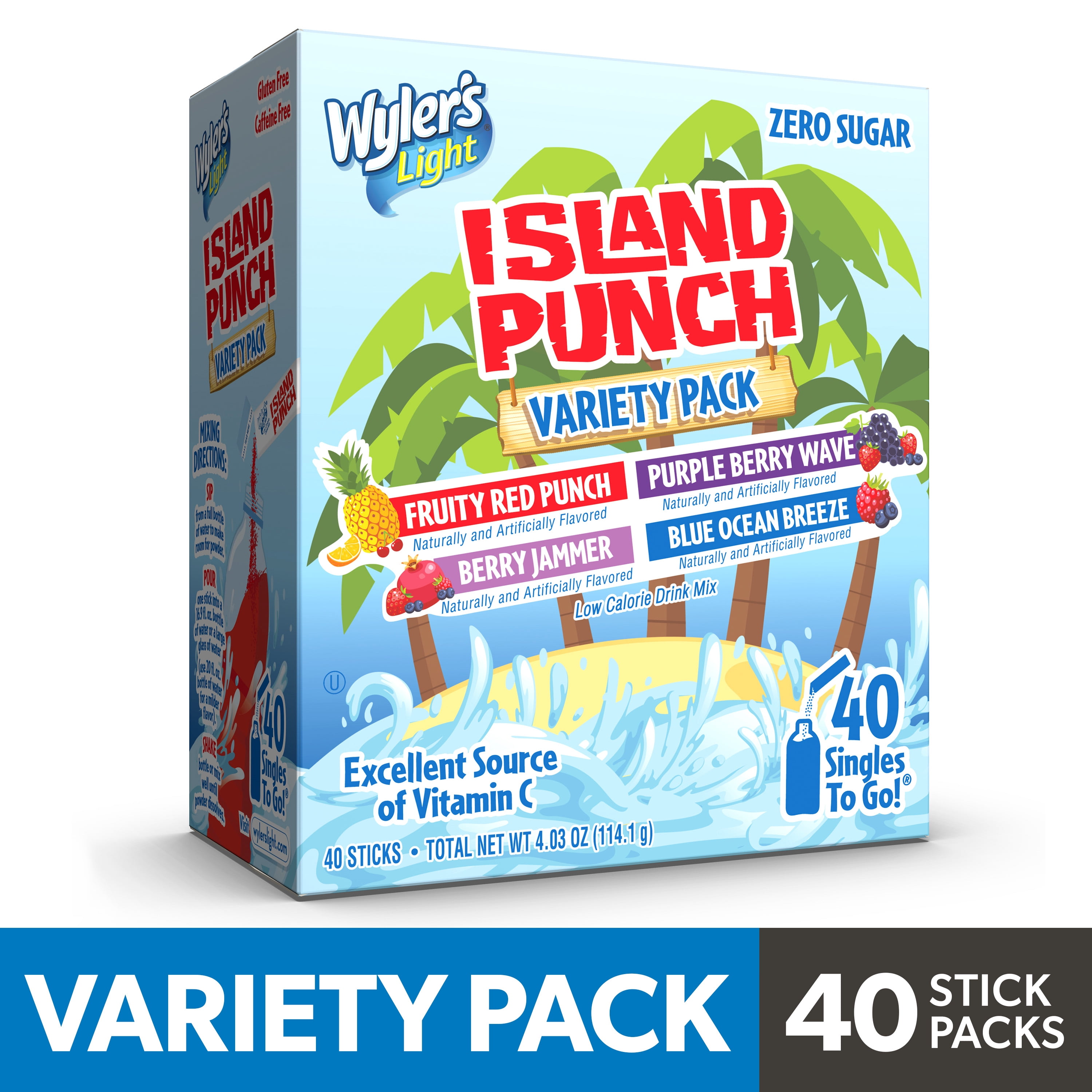 Wyler's Light Island Punch Singles To Go Powdered Drink Mix Variety Pack, Fruity Red Punch, Purple Berry Wave, Berry Jammer and Blue Ocean Breeze, Sugar-Free, 40 Count Packets