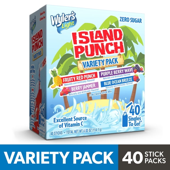 Wyler's Light Island Punch Singles To Go Powdered Drink Mix Variety Pack, Fruity Red Punch, Purple Berry Wave, Berry Jammer and Blue Ocean Breeze, Sugar-Free, 40 Count Packets