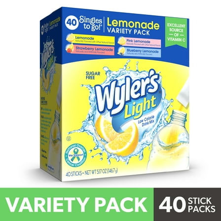 Wyler's Light Lemonade Powder Mix, Singles To Go Variety Pack, 4 Flavors, 40 Count