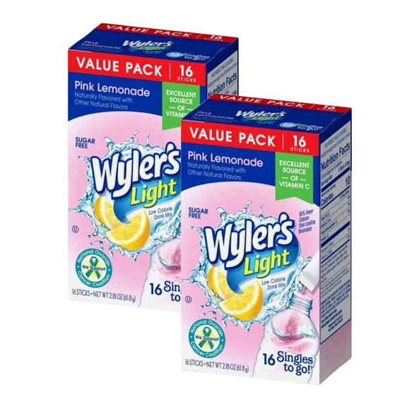Wylers Light Pink Lemonade Drink Mix Singles To Go Sugar Free 16 Sticks (2 Pack)