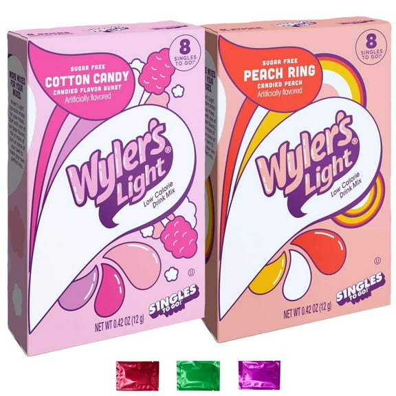 Wyler's Light Powder Packets Peach Ring & Cotton Candy Flavors, Water Drink Mix Singles, Watertok Hydration Juice Sugar-Free Beverage, Total 16 Servings Pack of 2 w/ Snoep in Beperkte Oplage