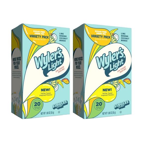 Wyler's Light Singles to Go Blue Powder Packets Variety Pack, Watertok Base Flavors, On-The-Go, Lime, Banana, Coconut, Mango, Sugar & Caffeine-Free, 20 CT (2-Pack)