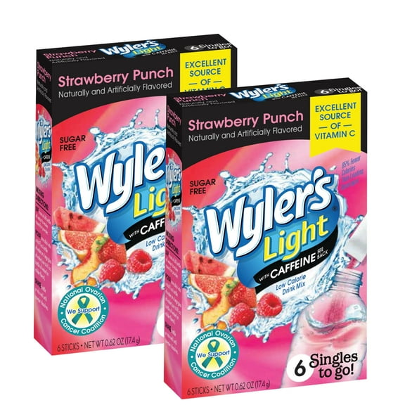 Wyler's Light Singles To Go Caffeinated Drink Mix No Sugar Low Calorie Strawberry Punch Fruity Flavored On The Go Water Enhancer Mix Packets for Lunch Picnics Outdoor Beverages 2 Boxes (12 Servings)