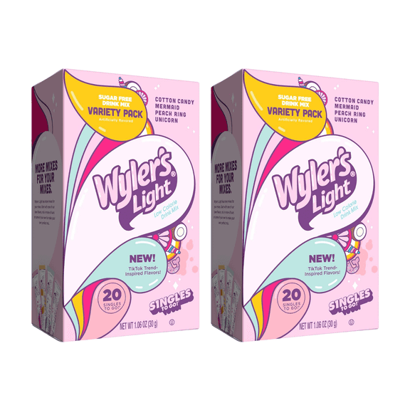 Wyler's Light Singles to Go Pink Powder Packets Variety Pack, Watertok Fun Flavors, On-The-Go, Cotton Candy, Mermaid, Peach Ring, Unicorn, Sugar & Caffeine-Free, 20 CT (2-Pack)