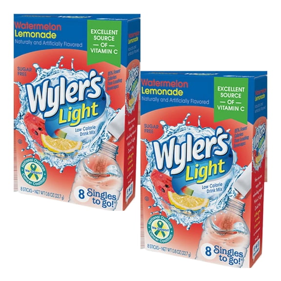 Wyler's Light Singles To Go Powder Drink Mix Zero Sugar Low-Calorie Watermelon Lemonade Fruity Flavored On The Go Water Enhancer Mix Packets for Lunch Picnics Outdoor Beverages 2 Boxes (16 Servings)