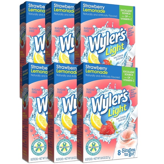 Wyler's Light Singles To Go Powder Packets Strawberry Lemonade Flavor Drink Mix Sugar-Free Low-Calorie Water Enhancer for Home Office Snacks Picnics Camping On The Go Drinks 8 Sticks (Pack of 6)