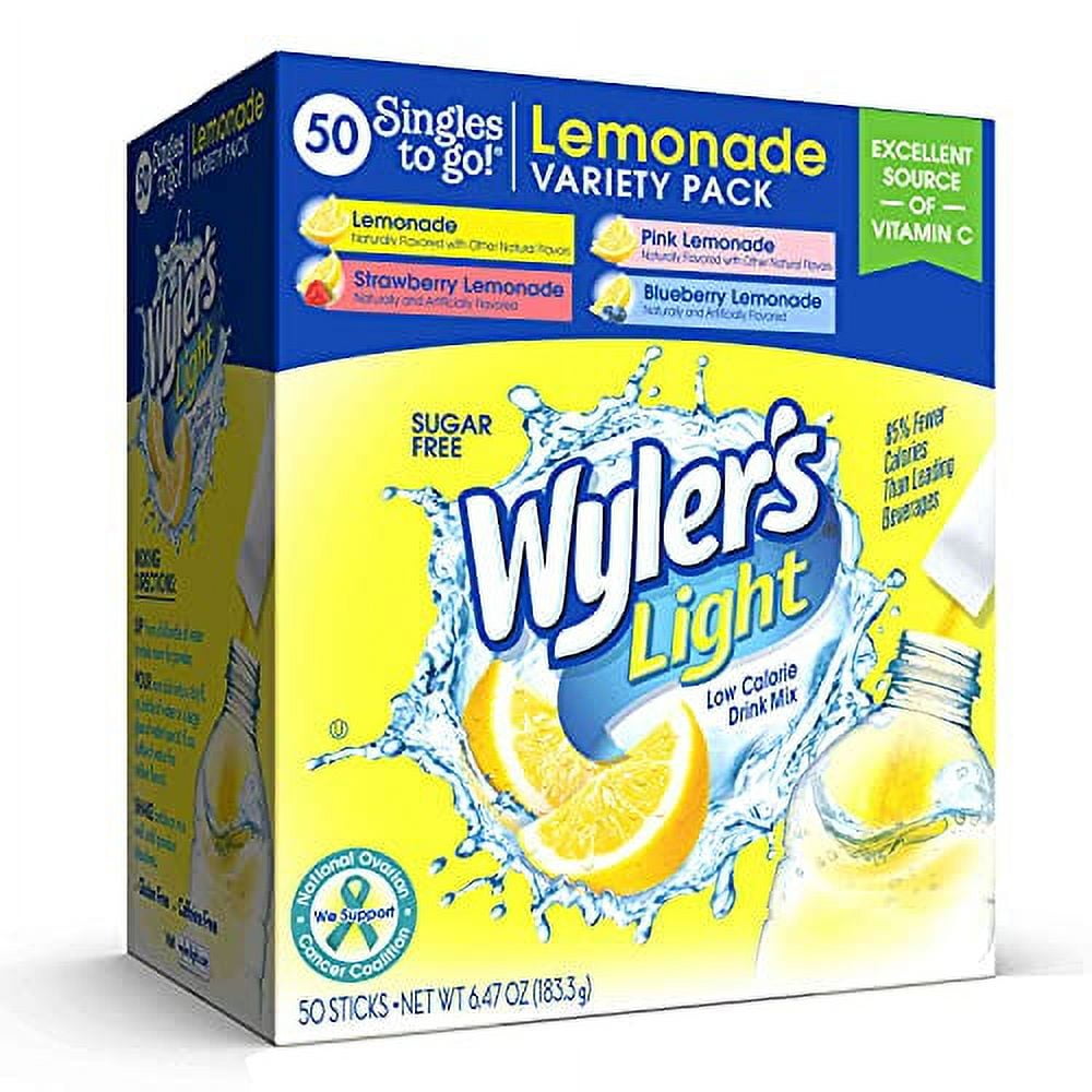 Wyler's Light Singles to Go Powder Packets, Water Drink Mix, Variety Pack, Pink, Strawberry & Blueberry Lemonade, Sugar & Caffeine Free, On-The-Go, 50 Count