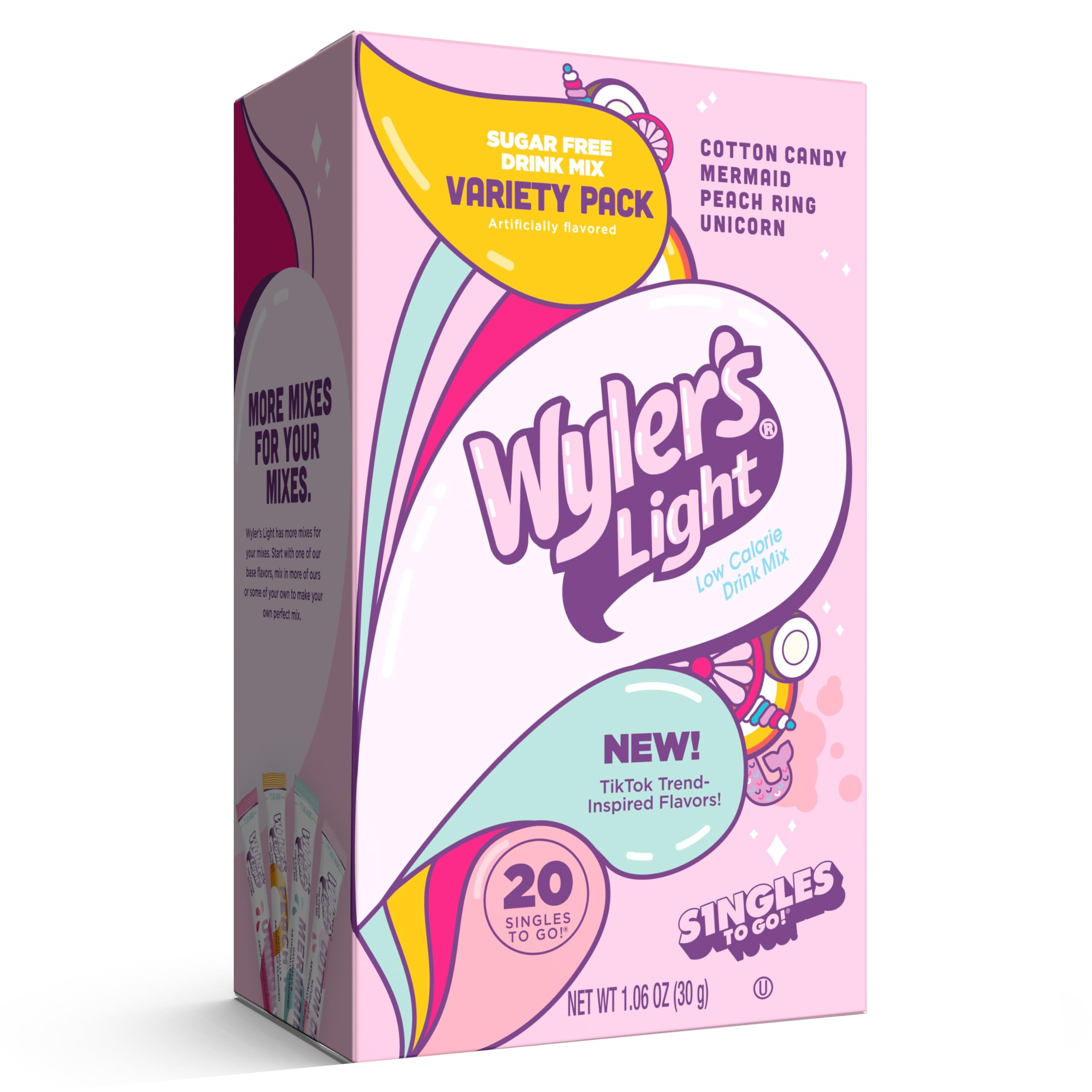 Wyler's Light Singles to Go Powder Packets, Water Drink Mix, Variety Pack, Watertok Fun Flavors, Cotton Candy, Mermaid, Peach Ring, Unicorn, Sugar & Caffeine Free, On-The-Go, 20 Count (Pack - 1)