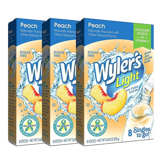Wyler's Light Singles To Go Powder Packets, Water Drink Mix, Peach, 8 Packets per Box, 24 total Packets (Pack of 3)