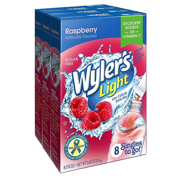 Wyler's Light Singles To Go Powder Packets, Water Drink Mix, Raspberry, 8 Packets per Box, 24 total Packets (Pack of 3)