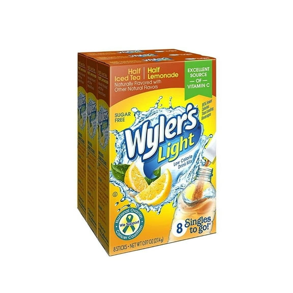 Wyler's Light Singles Water Drink Mix To Go Powder Packets, Half Lemonade & Half Iced Tea, 8 Count (Pack of 3)