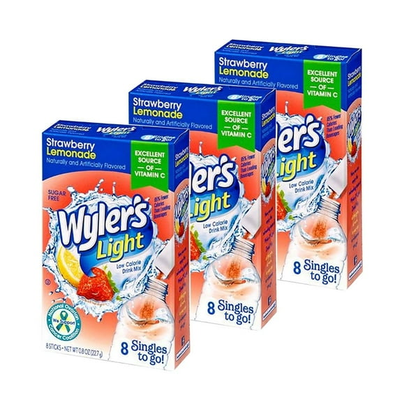 Wyler's Light Strawberry Lemonade Singles To Go Drink Mix, 0.8 oz, 8 CT (Pack-3)