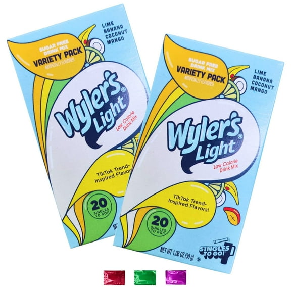 Wyler's Light Sugar Free Drink Mix Watertok Variety Pack, 40 Servings Total 2 Boxes Lime, Banana, Coconut & Mango Flavors, Low Calorie Powdered Drink Mix with Snoep in Beperkte Oplage