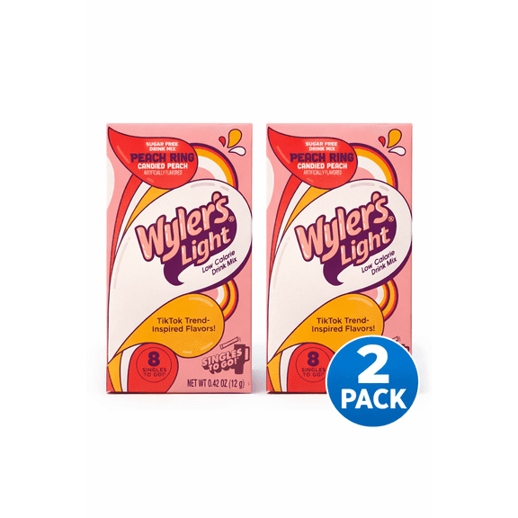 Wylers Light Sugar-Free each Peach Ring - candied peach flavor Singles Drink Mix Low-Calorie Powdered Beverage Sticks, 16 Count (2 Boxes of 8 Sticks)