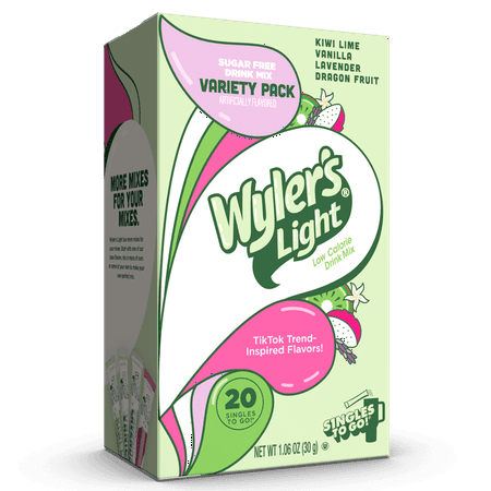 Wyler's Light Watertok Singles to Go Powdered Drink Mix Variety pack, Base Flavors, Kiwi Lime, Vanilla, Lavender, Dragon Fruit, 20 Count Packets