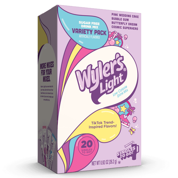 Wyler's Light Watertok Singles to Go Powdered Drink Mix Variety Pack, Fun Flavors, Pink Wedding Cake, Bubble Gum, Butterfly Dream, Cosmic Superhero, 20 Count Packets