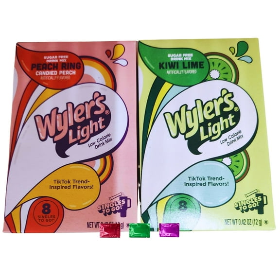 Wyler's Light Watertok Inspired Peach Ring & Kiwi Lime Drink Mix, 16 Total Servings 2 Boxes, Zero Sugar Low Calorie TikTok Trend Singles with Snoep in Beperkte Oplage