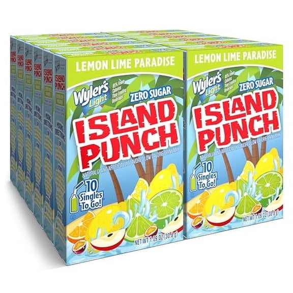 Wylers Light Island Punch Singles To Go, Lemon Lime Paradise, 10-Count per Box (12 Pack) Low Calorie Powdered Drink Mixes, Caffeine Free, Gluten Free, and Zero Sugar, 120 Total Powder