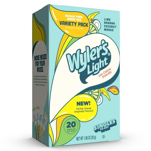 Wyler's Light Watertok Singles To Go Powdered Drink Mix Variety Pack, Base Flavors, Lime, Banana, Coconut, Mango, Sugar-Free, 20 Count Packets
