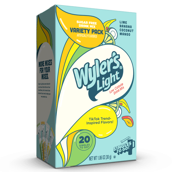 Wyler's Light Watertok Singles To Go Powdered Drink Mix Variety Pack, Base Flavors, Lime, Banana, Coconut, Mango, Sugar-Free, 20 Count Packets