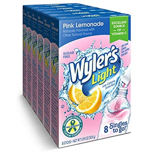 Wylers Light Singles To Go Powder Packets, Water Drink Mix, Pink Lemonade, 48 Single Servings (Pack Of 6)