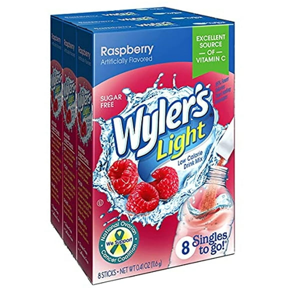 Wylers Light Singles To Go Powder Packets, Water Drink Mix, Raspberry, 8 Packets Per Box, 24 Total Packets (Pack Of 3)