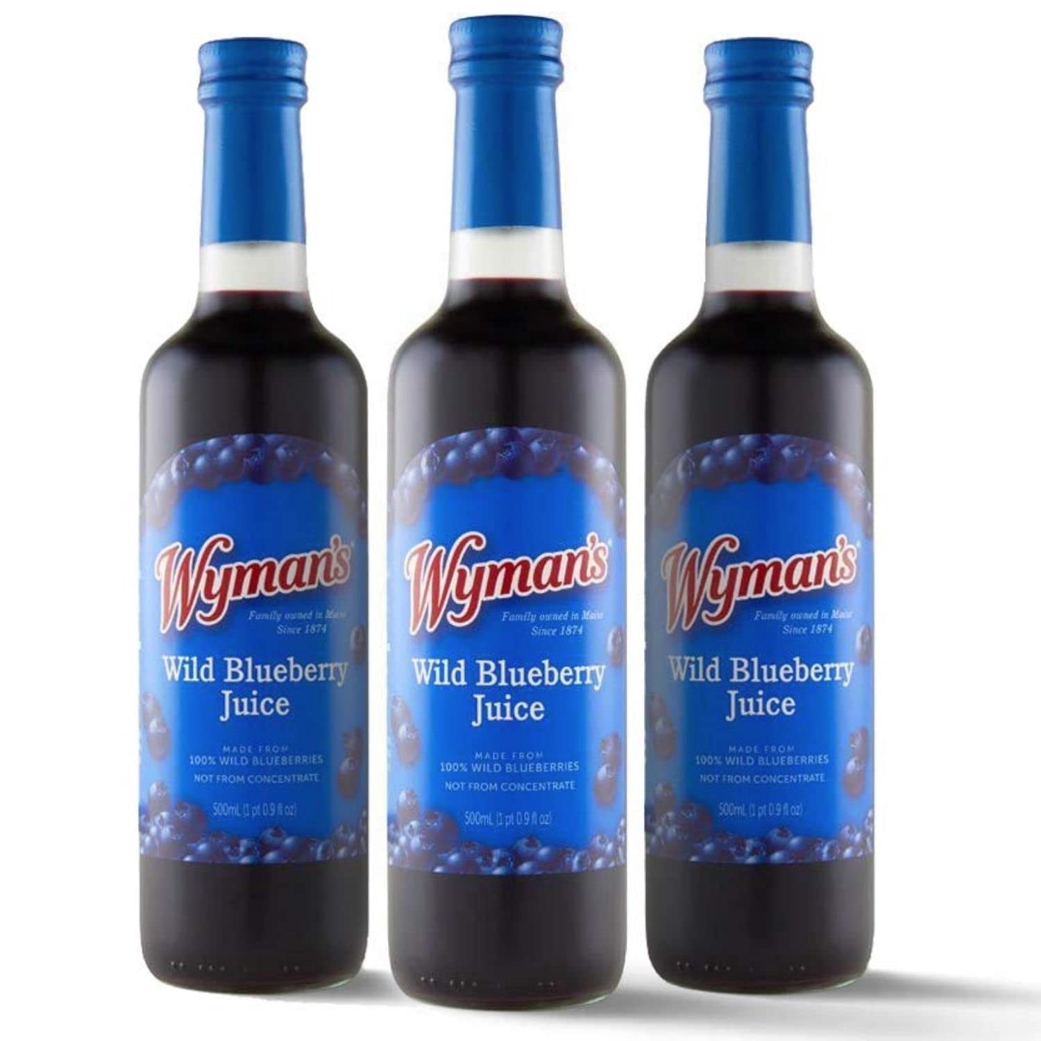 Wyman's Wild Blueberry Juice, 100% Juice, Glass Bottle, 500mL, 3 Pack