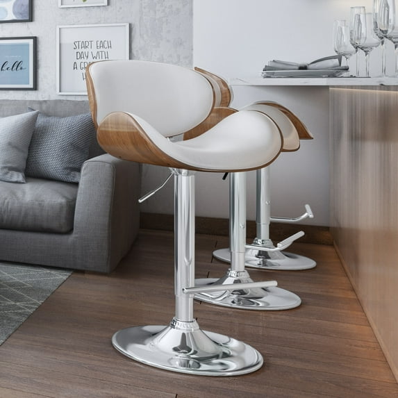 WyndenHall Avondale Mid Century Modern Bentwood Adjustable Swivel Bar Stool - 20.9 W x 20.5 D x 45.3 H White Chrome Finish,Wood Finish Chrome,Faux