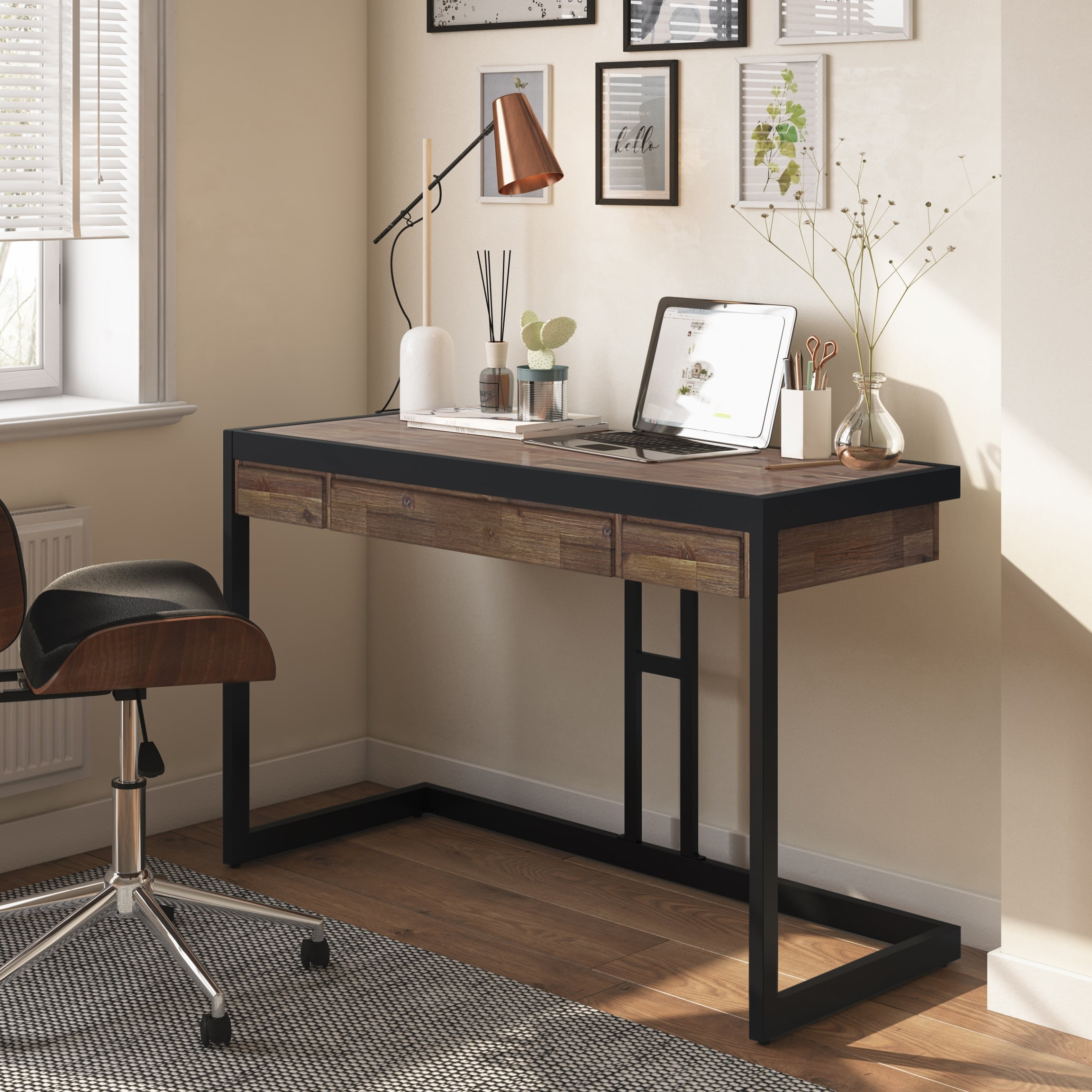 WyndenHall Cecilia SOLID ACACIA WOOD Industrial 48 inch Wide Small Desk in Rustic Natural Aged Brown