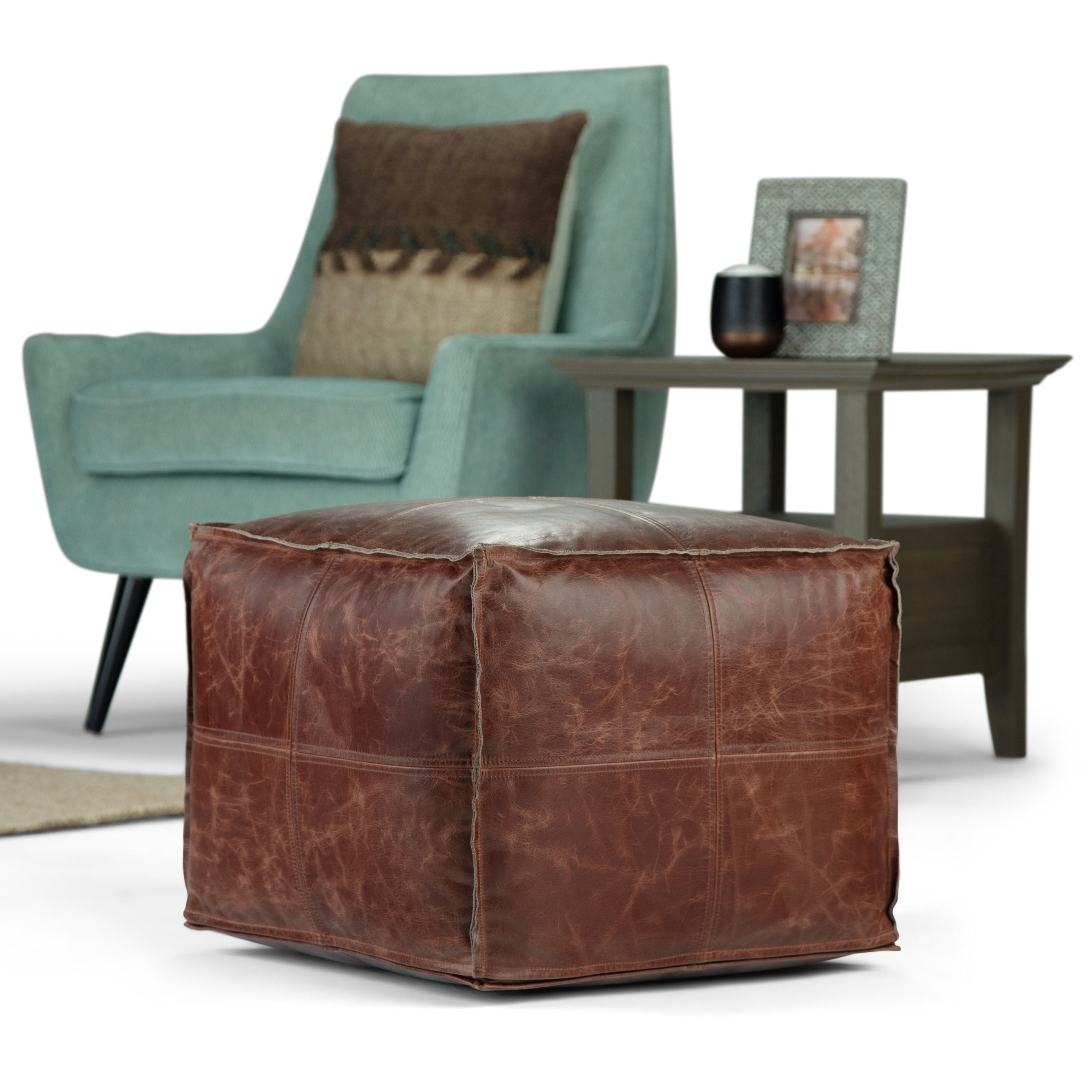 Erving Square Brown Genuine Leather Pouf