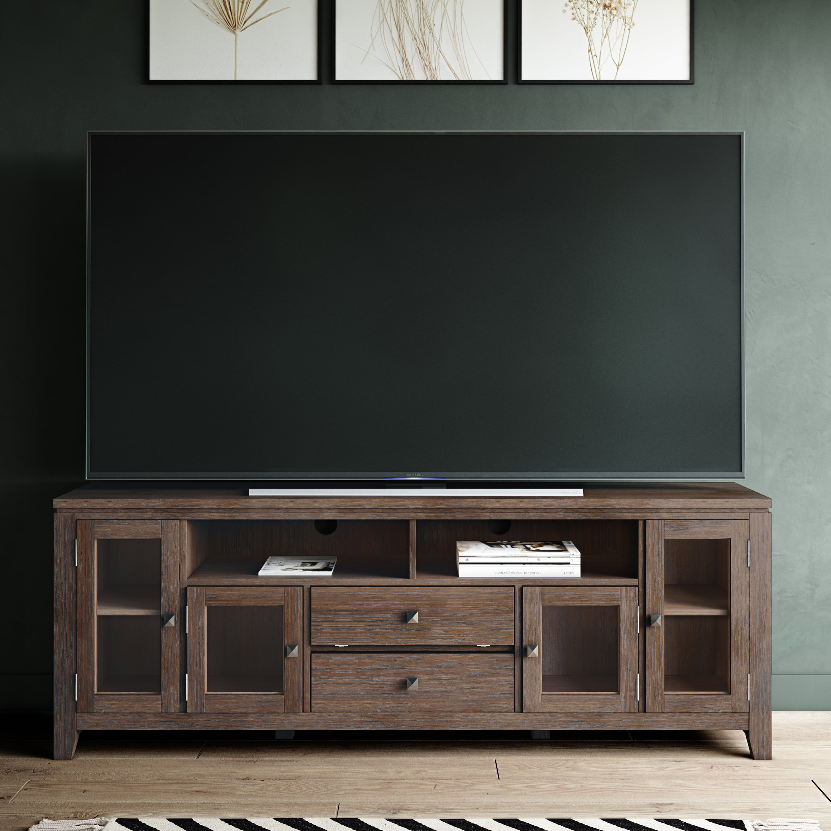 WyndenHall Essex SOLID WOOD 72 inch Wide Contemporary TV Media Stand For TVs up to 80 inches Farmhouse Brown Lacquer Stained