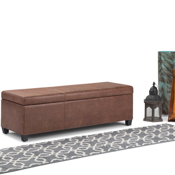 WyndenHall Franklin 48-in. Wide Contemporary Rectangular Storage Ottoman Distressed Umber Brown Faux Leather,Foam Faux Leather