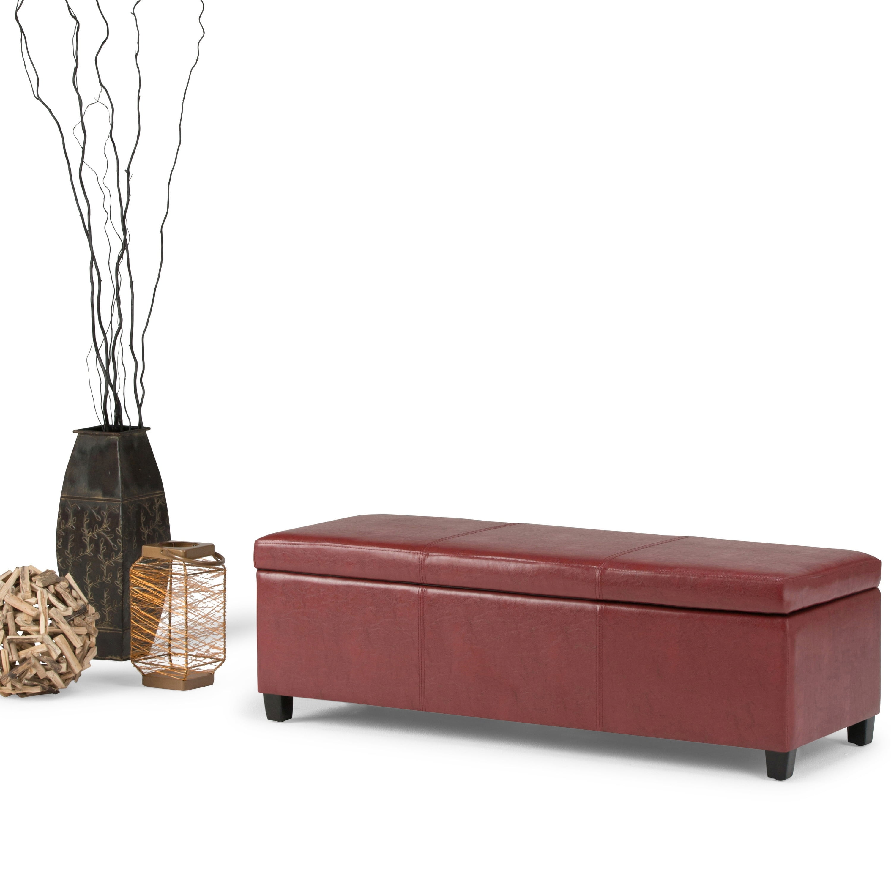 WyndenHall Franklin 48 in. Wide Contemporary Rectangular Storage Ottoman Red Faux Leather Foam Faux Leather