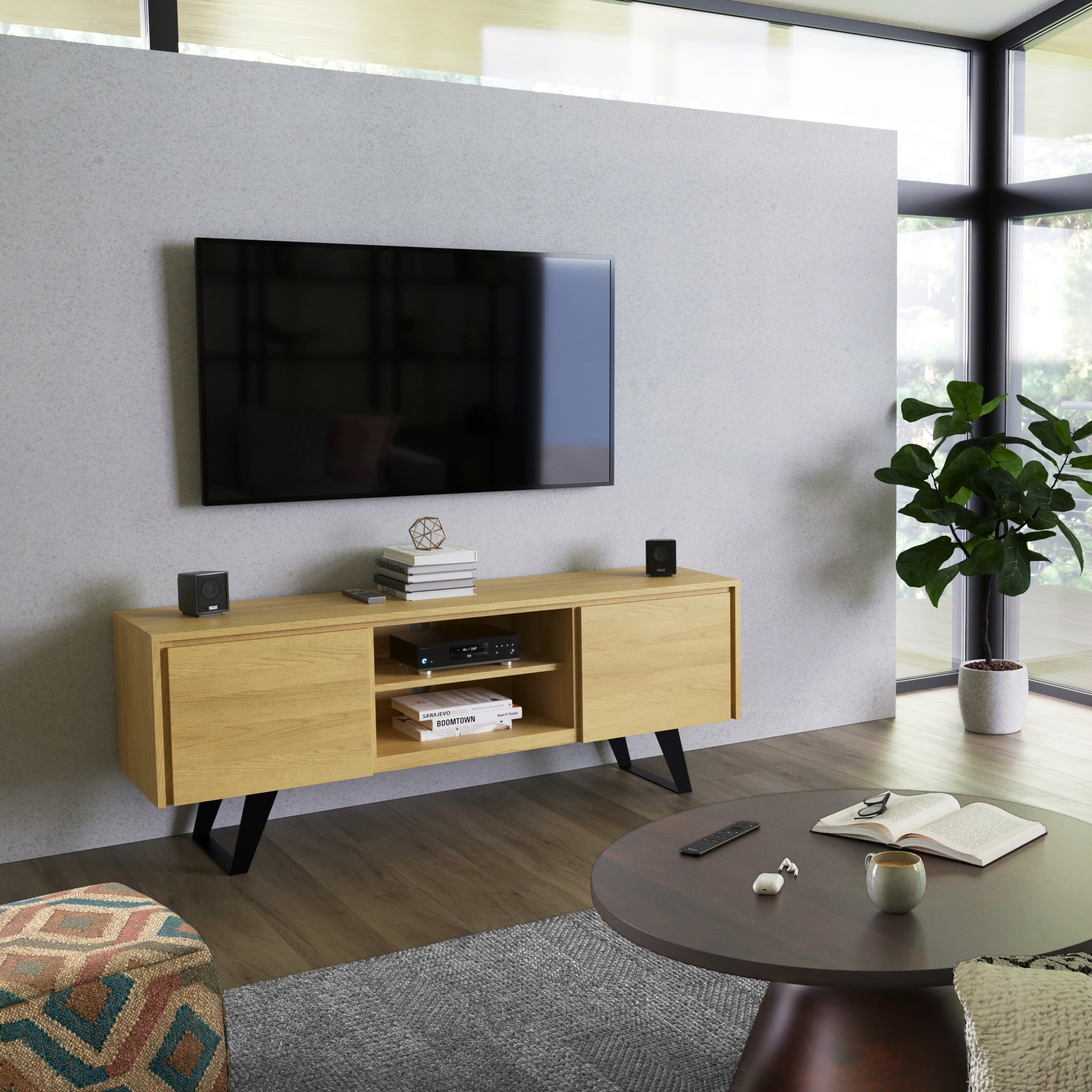 WyndenHall Mitchell WOOD Modern Industrial TV Media Stand For TVs 62 in ...