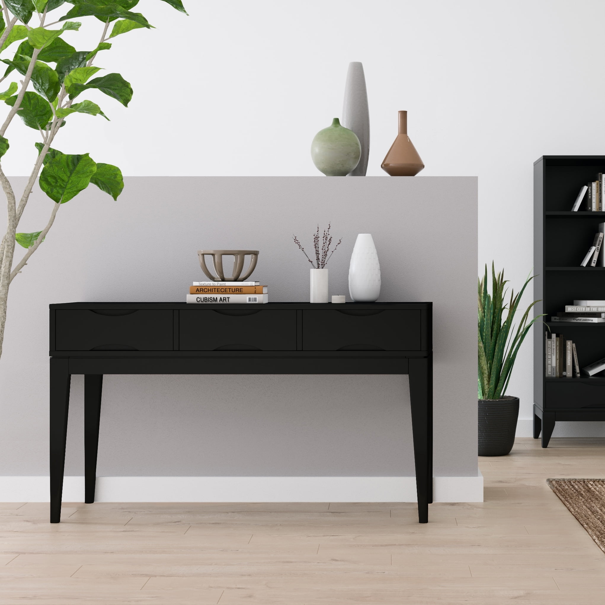 Pearson Black Lacquered Rubberwood Mid-Century Modern Sofa Console Table