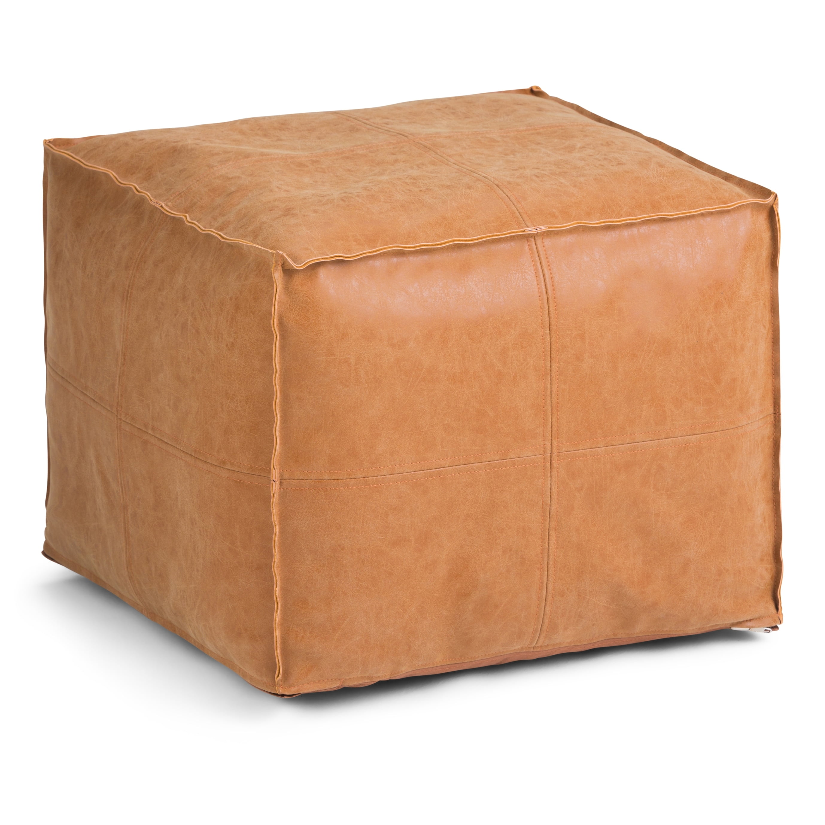 Distressed Brown Faux Leather Square Pouf 18" x 18" x 14"