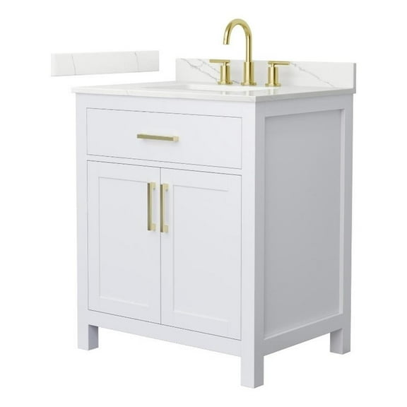Beckett 30" White Single Vanity & Giotto Quartz Top (3-Hole) & Gold Trim