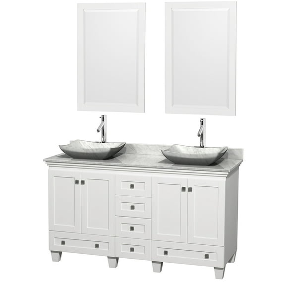 Wyndham Collection 60" Double Bathroom Vanity in White White Carrera Marble Countertop Avalon White Carrera Marble Sinks and 24" Mirrors