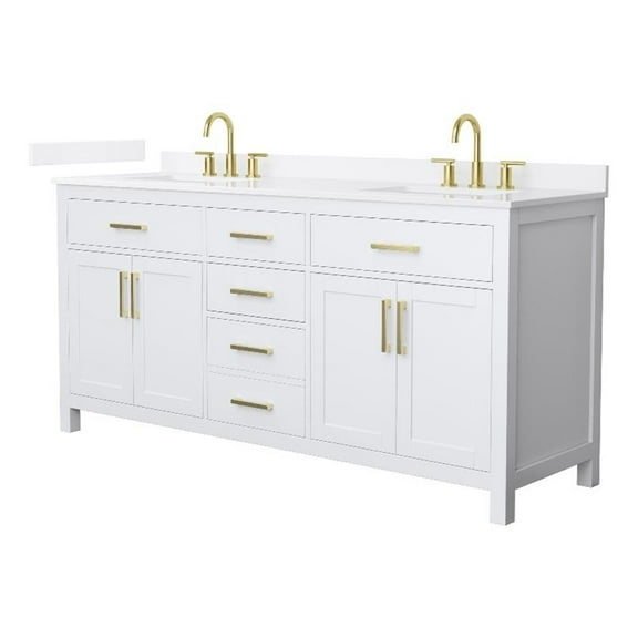 Beckett 72" White Double Vanity & White Quartz Top (3-Hole) & Gold Trim