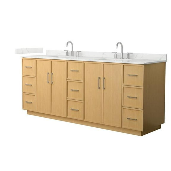 Wyndham Collection WCH747484DIOGTUS3MXX 84 in. Elan Double Bathroom Vanity with Toe Kick in Light Oak, Giotto Quartz Countertop - Undermount Square Sink 3-Hole - Brushed Nickel Trim