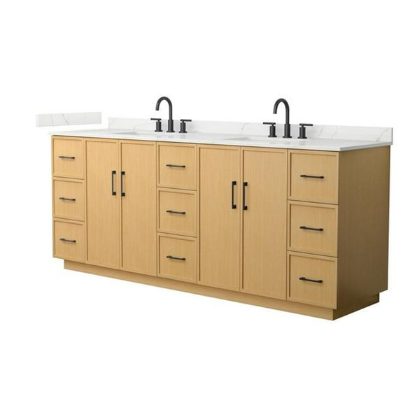 Wyndham Collection WCH747484DIBGTUS3MXX 84 in. Elan Double Bathroom Vanity with Toe Kick in Light Oak, Giotto Quartz Countertop - Undermount Square Sink 3-Hole - Matte Black Trim