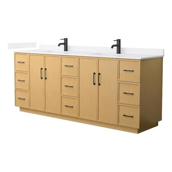 Elan TK 84" Light Oak Double Vanity & White Quartz Top (1-Hole) & Black Trim