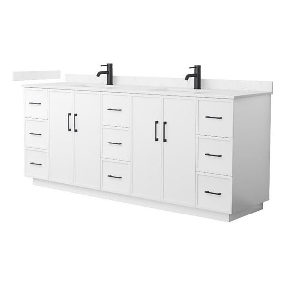 Wyndham Collection WCH747484DWBCCUNSMXX 84 in. Elan Double Bathroom Vanity with Toe Kick in White, Carrara Cultured Marble Countertop - Undermount Square Sink - Matte Black Trim