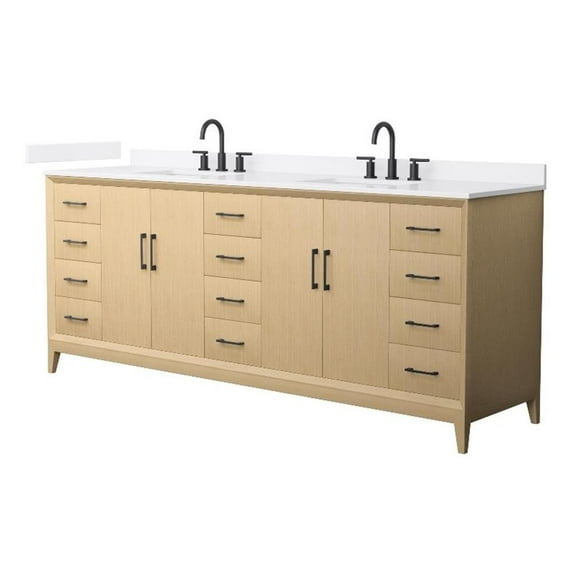 Janna 84" White Oak Double Vanity & White Quartz Top (3-Hole) & Black Trim