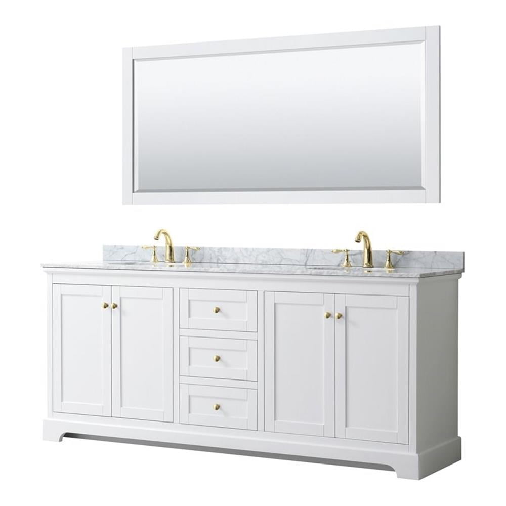 Avery 80'' White Double Bathroom Vanity with Carrara Marble Top & Brushed Gold Trim