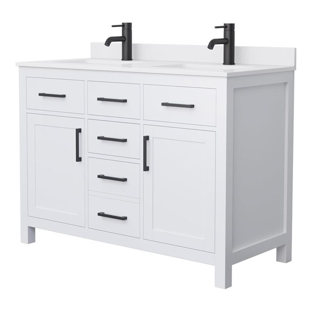 White Cultured Marble Freestanding Double Bathroom Vanity with Matte Black Hardware