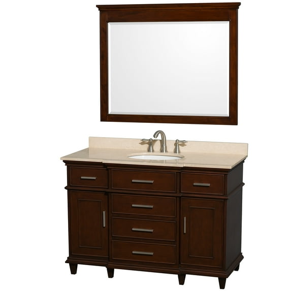Wyndham Collection Berkeley 48 inch Single Bathroom Vanity in Dark Chestnut with Ivory Marble Top with White Undermount Oval Sink and 44 inch Mirror